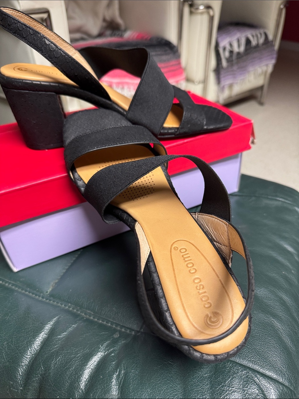 Corso Como Black Elastic Strap Block Heel Sandals